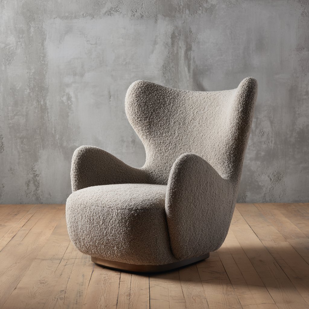 Sculptural wingback chair in oatmeal bouclé, placed in a plaster studio