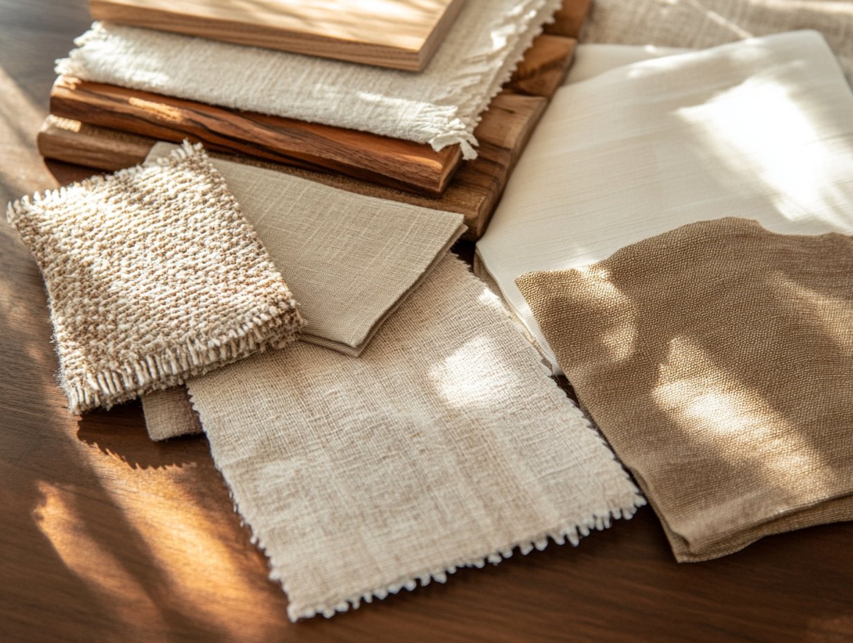 Linen, bouclé and oak samples laid on a walnut table in afternoon light
